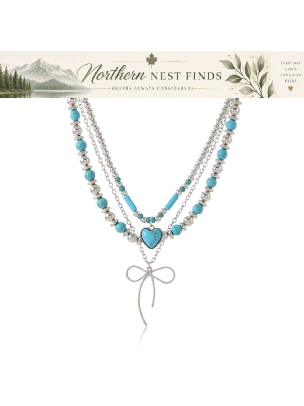 Boho Western Layered Turquoise Necklace with Zinc & Leather Cord